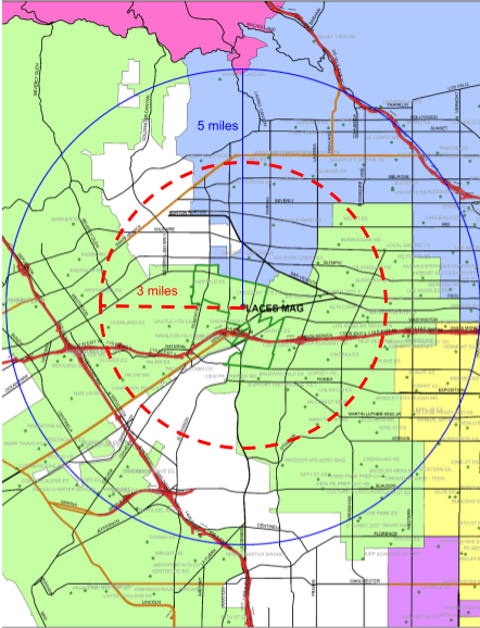 Students living 3 miles or more from LACES are now eligible for bus transportation. The solid circle indicates the previous radius and the broken circle the new radius. 